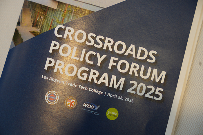 April 28, 2025, Los Angeles Crossroads Policy Forum Event brochure cover with the Los Angeles City Seal and city organization logos for the Economic and Workforce Development Department, Workforce Development Board and YouthSource Centers
