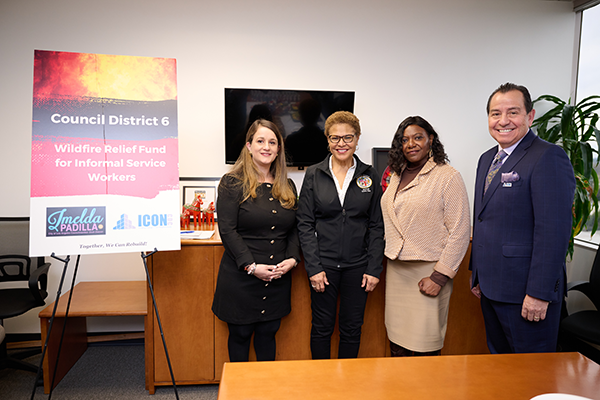 Councilmember Imelda Padilla with Mayor Karen Bass, EWDD General Manager Carolyn Hull, and South Valley BusinessSource Executive Director Roberto Barragan announces the launch of CD6’s Wildfire Relief Fund for Impacted Service Workers