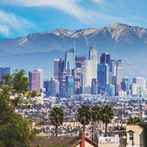 Northeast view of Downtown Los Angeles taken from University Park with the San Gabriel Mountains in the background